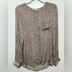 Repeat Silk Brushstroke Plaid Button Up High Low Blouse